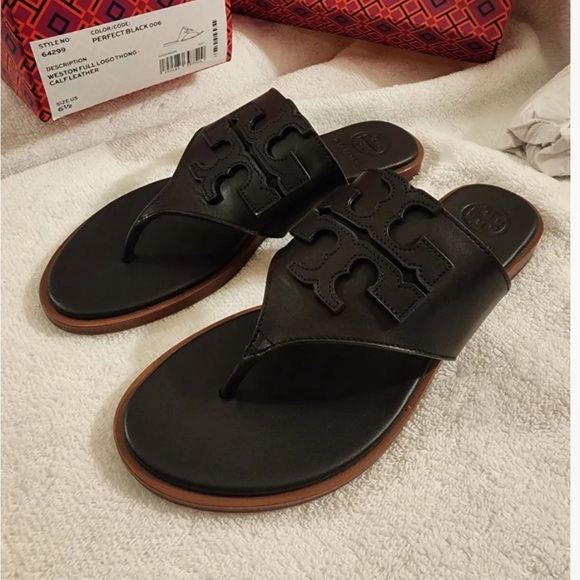 Tory Burch Shoes - NIB Tory Burch Weston Full Logo Thong - Perfect Black - 6.5